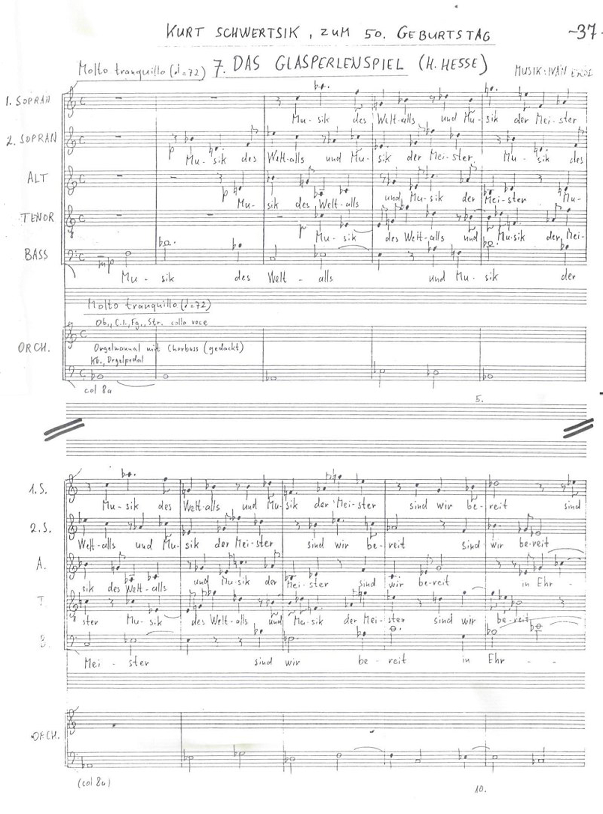 Ivan Eröd, Manuskript – Das Sein ist ewig Op. 50 / © Musikverlag Doblinger, abgebildet mit freundicher Genehmigung des Verlages
